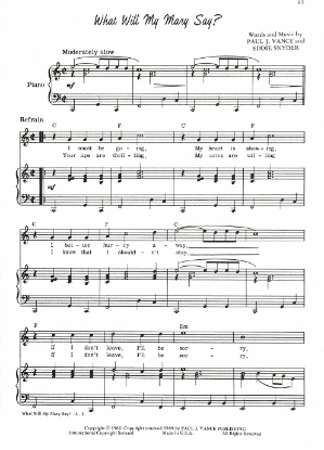 Picture of What Will My Mary Say, Paul J. Vance & Eddie Snyder, recorded by Johnny Mathis, sheet music