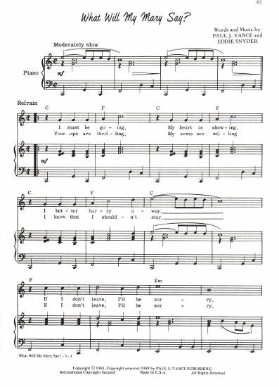 Picture of What Will My Mary Say, Paul J. Vance & Eddie Snyder, recorded by Johnny Mathis, sheet music