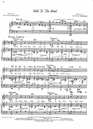 Picture of Wild is the Wind, Ned Washington & Dimitri Tiomkin, recorded by Johnny Mathis, sheet music