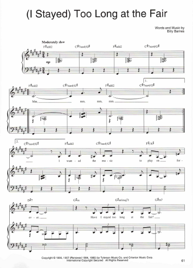 Picture of (I Stayed) Too Long at the Fair, Billy Barnes as sung by Barbra Streisand, sheet music 