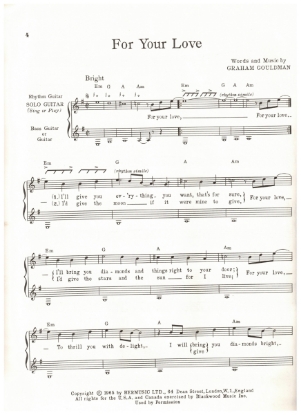 Picture of For Your Love, Graham Gouldman, recorded by Herman's Hermits, arr. for 3 guitars, sheet music