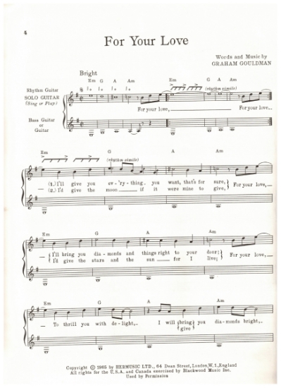 Picture of For Your Love, Graham Gouldman, recorded by Herman's Hermits, arr. for 3 guitars, sheet music