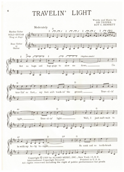 Picture of Travelin' Light, Sid Tepper & Roy C. Bennett, recorded by Herman's Hermits, arr. for 3 guitars, sheet music