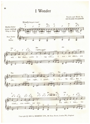 Picture of I Wonder, Richard Pearson, recorded by Herman's Hermits, arr. for 3 guitars, sheet music