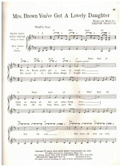 Picture of Mrs. Brown You've Got a Lovely Daughter, Trevor Peacock, recorded by Herman's Hermits, arr. for 3 guitars, sheet music
