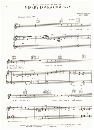 Picture of Misery Loves Company, from movie "Bronco Billy", Jerry Reed, recorded by Ronnie Milsap, sheet music
