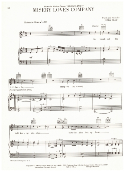 Picture of Misery Loves Company, from movie "Bronco Billy", Jerry Reed, recorded by Ronnie Milsap, sheet music