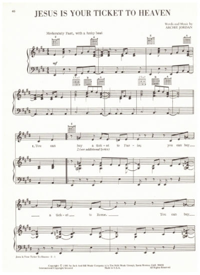 Picture of Jesus is Your Ticket to Heaven, Archie Jordan, recorded by Ronnie Milsap, sheet music