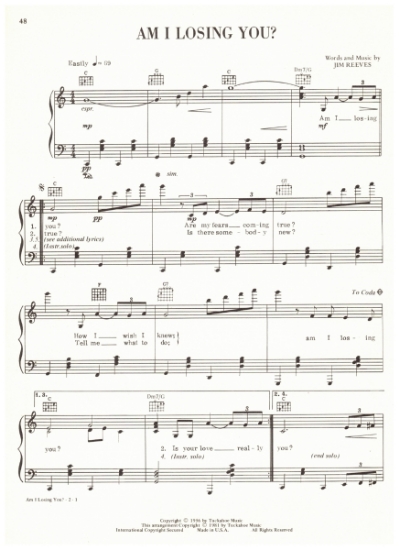 Picture of Am I Losing You, Jim Reeves, recorded by Ronnie Milsap, sheet music