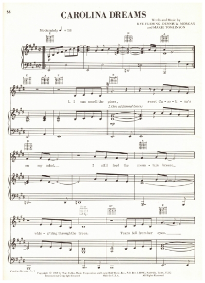 Picture of Carolina Dreams, Kye Fleming/ Dennis W. Morgan/ Marie Tomlinson, recorded by Ronnie Milsap, sheet music, pdf copy
