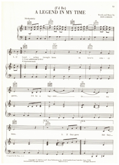 Picture of (I'd Be) A Legend in My Time, Don Gibson, recorded by Ronnie Milsap, sheet music