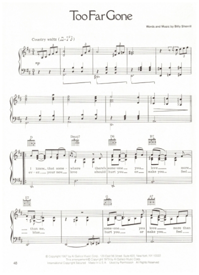 Picture of Too Far Gone, Billy Sherrill, recorded by Emmy Lou Harris, sheet music