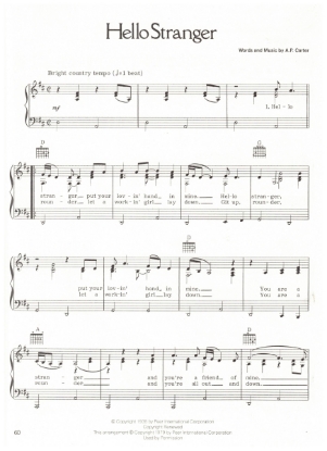 Picture of Hello Stranger, A. P. Carter, recorded by Emmy Lou Harris, sheet music