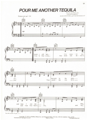 Picture of Pour Me Another Tequila, Eddie Rabbitt/ Even Stevens/ David Malloy, recorded by Eddie Rabbitt, sheet music