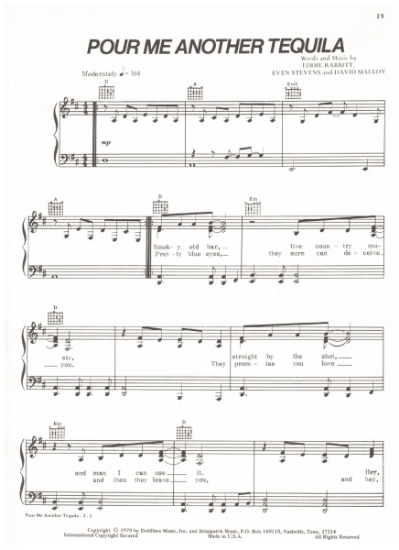 Picture of Pour Me Another Tequila, Eddie Rabbitt/ Even Stevens/ David Malloy, recorded by Eddie Rabbitt, sheet music