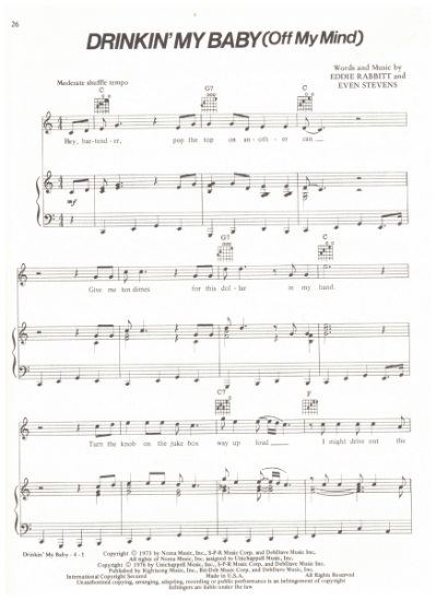 Picture of Drinkin' My Baby (Off My Mind), Eddie Rabbitt & Even Stevens, recorded by Eddie Rabbitt, sheet music