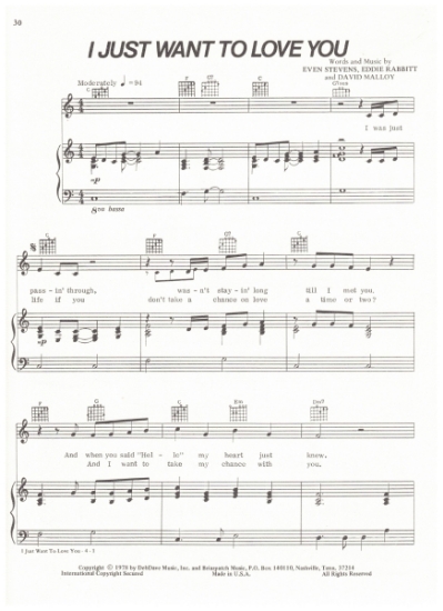 Picture of I Just Want to Love You, Eddie Rabbitt/ Even Stevens/ David Malloy, recorded by Eddie Rabbitt, sheet music