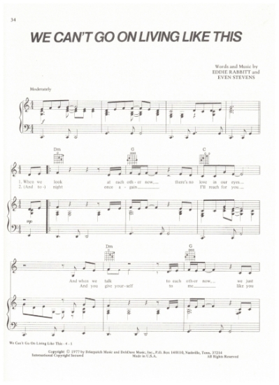 Picture of We Can't Go On Living Like This, Eddie Rabbitt & Even Stevens, recorded by Eddie Rabbitt, sheet music