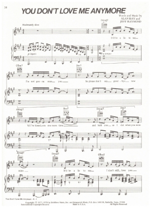 Picture of You Don't Love Me Anymore, Alan Ray & Jeff Raymond, recorded by Eddie Rabbitt, sheet music