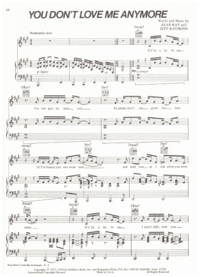 Picture of You Don't Love Me Anymore, Alan Ray & Jeff Raymond, recorded by Eddie Rabbitt, sheet music