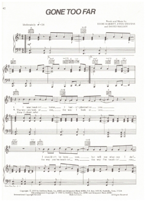 Picture of Gone Too Far, Eddie Rabbitt/ Even Stevens/ David Molloy, recorded by Eddie Rabbitt, sheet music