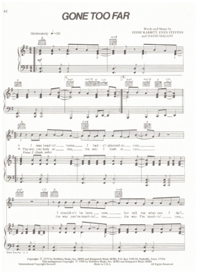 Picture of Gone Too Far, Eddie Rabbitt/ Even Stevens/ David Molloy, recorded by Eddie Rabbitt, sheet music