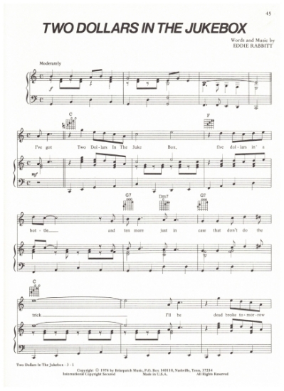 Picture of Two Dollars in the Jukebox, written & recorded by Eddie Rabbitt, sheet music