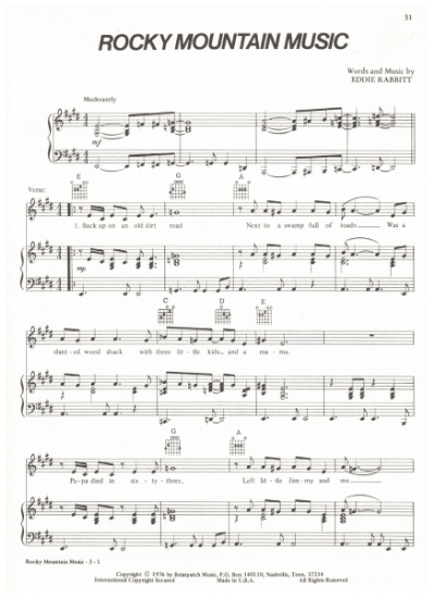 Picture of Rocky Mountain Music, written & recorded by Eddie Rabbitt, sheet music