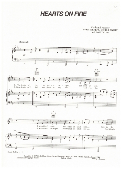 Picture of Hearts on Fire, Eddie Rabbitt/ Even Stevens/ Dan Tyler, recorded by Eddie Rabbitt, sheet music