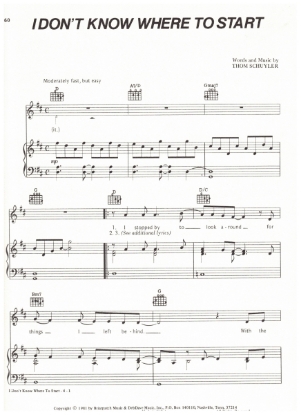 Picture of I Don't Know Where to Start, Thom Shuyler, recorded by Eddie Rabbitt, sheet music