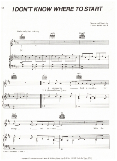 Picture of I Don't Know Where to Start, Thom Shuyler, recorded by Eddie Rabbitt, sheet music