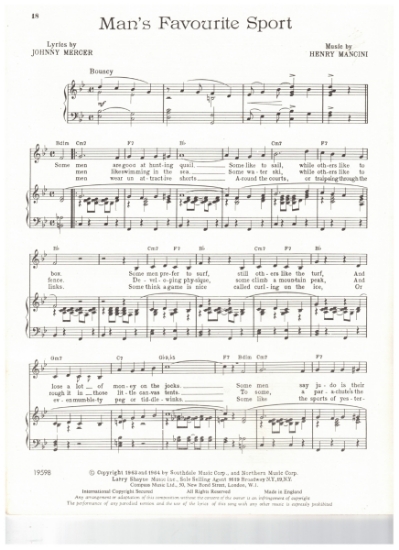 Picture of Man's Favourite Sport, movie title song, Johnny Mercer & Henry Mancini, sheet music