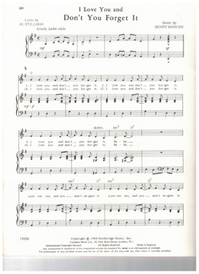Picture of (I Love You And) Don't You Forget It, Al Stillman & Henry Mancini, sheet music
