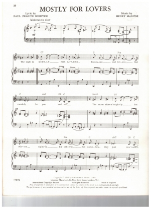 Picture of Mostly for Lovers, Paul Francis Webster & Henry Mancini, sheet music