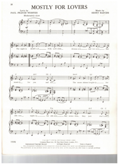 Picture of Mostly for Lovers, Paul Francis Webster & Henry Mancini, sheet music