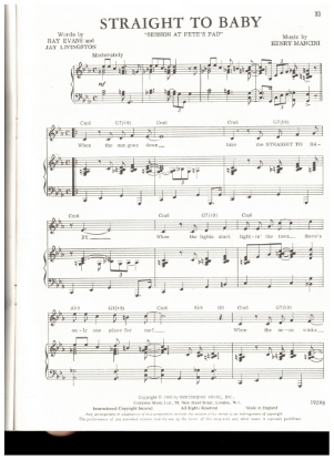 Picture of Straight to Baby, from TV show "Peter Gunn", Jay Livingston/ Ray Evans/ Henry Mancini, sheet music