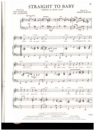 Picture of Straight to Baby, from TV show "Peter Gunn", Jay Livingston/ Ray Evans/ Henry Mancini, sheet music