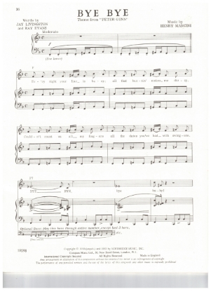 Picture of Bye Bye, from TV show "Peter Gunn", Jay Livingston/ Ray Evans/ Henry Mancini, sheet music