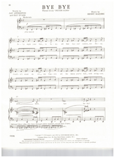Picture of Bye Bye, from TV show "Peter Gunn", Jay Livingston/ Ray Evans/ Henry Mancini, sheet music
