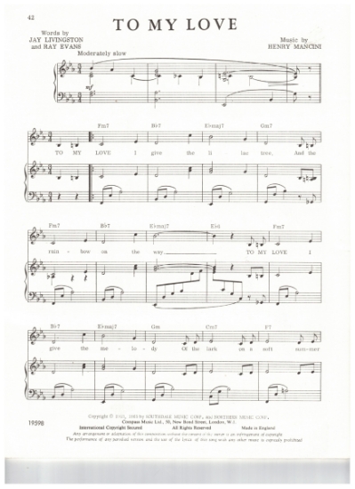 Picture of To My Love, Jay Livingston/ Ray Evans/ Henry Mancini, sheet music