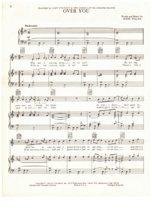 Picture of Over You, Jerry Fuller, recorded by Gary Puckett & the Union Gap, sheet music