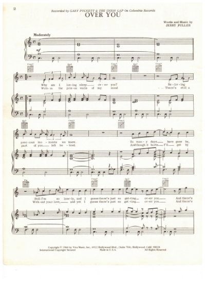 Picture of Over You, Jerry Fuller, recorded by Gary Puckett & the Union Gap, sheet music