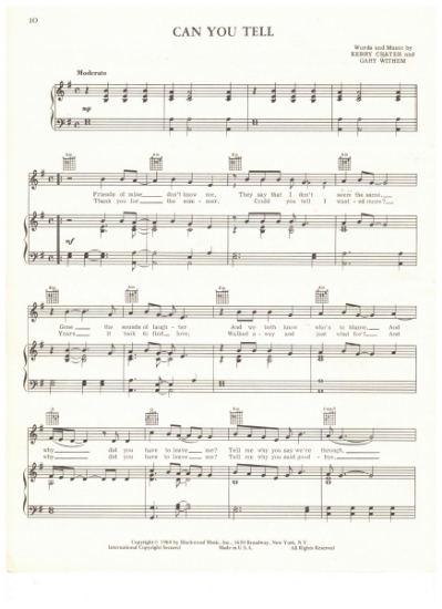 Picture of Can You Tell, Kerry Chater & Gary Withem, recorded by Gary Puckett & the Union Gap, sheet music