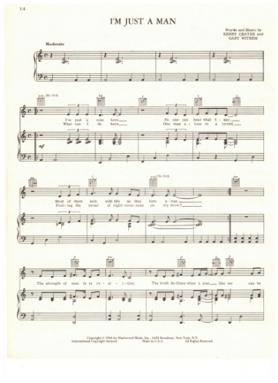 Picture of I'm Just a Man, Kerry Chater & Gary Withem, recorded by Gary Puckett & the Union Gap, sheet music