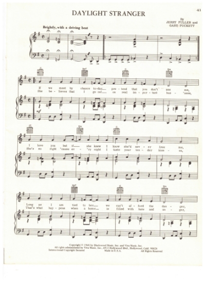 Picture of Daylight Stranger, Jerry Fuller & Gary Puckett, recorded by Gary Puckett & the Union Gap, sheet music