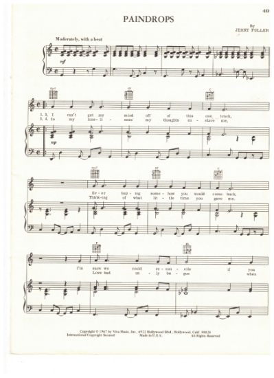 Picture of Paindrops, Jerry Fuller, recorded by Gary Puckett & the Union Gap, sheet music
