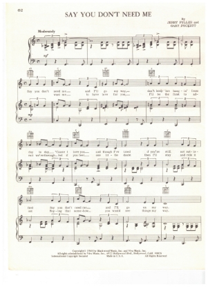 Picture of Say You Don't Need Me, Gary Puckett & Jerry Fuller, recorded by Gary Puckett & the Union Gap, sheet music