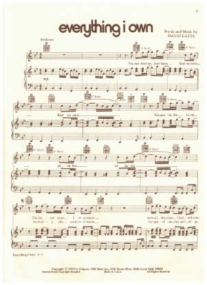 Picture of Everything I Own, David Gates, recorded by Bread, sheet music