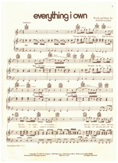 Picture of Everything I Own, David Gates, recorded by Bread, sheet music