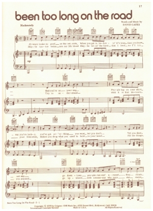 Picture of Been Too Long on the Road, David Gates, recorded by Bread, sheet music